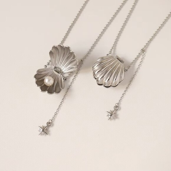 Silver Seashell Pearl Pendant Necklace Locket with Star Charm Ocean Jewelry Gift - Picture 1 of 4